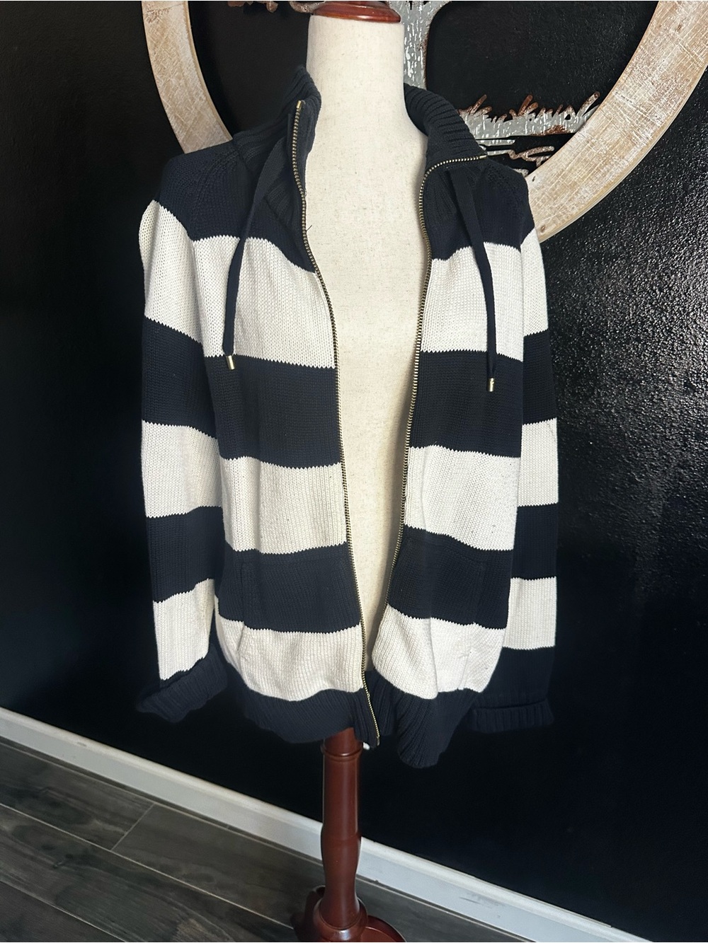 Ralph Lauren Black and White Striped Zip-Up Sweater